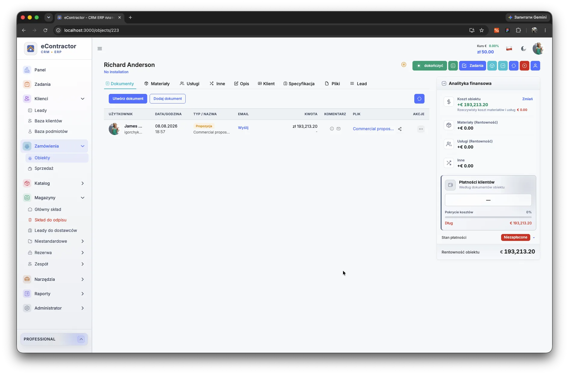 Karta obiektu instalacyjnego eContractor