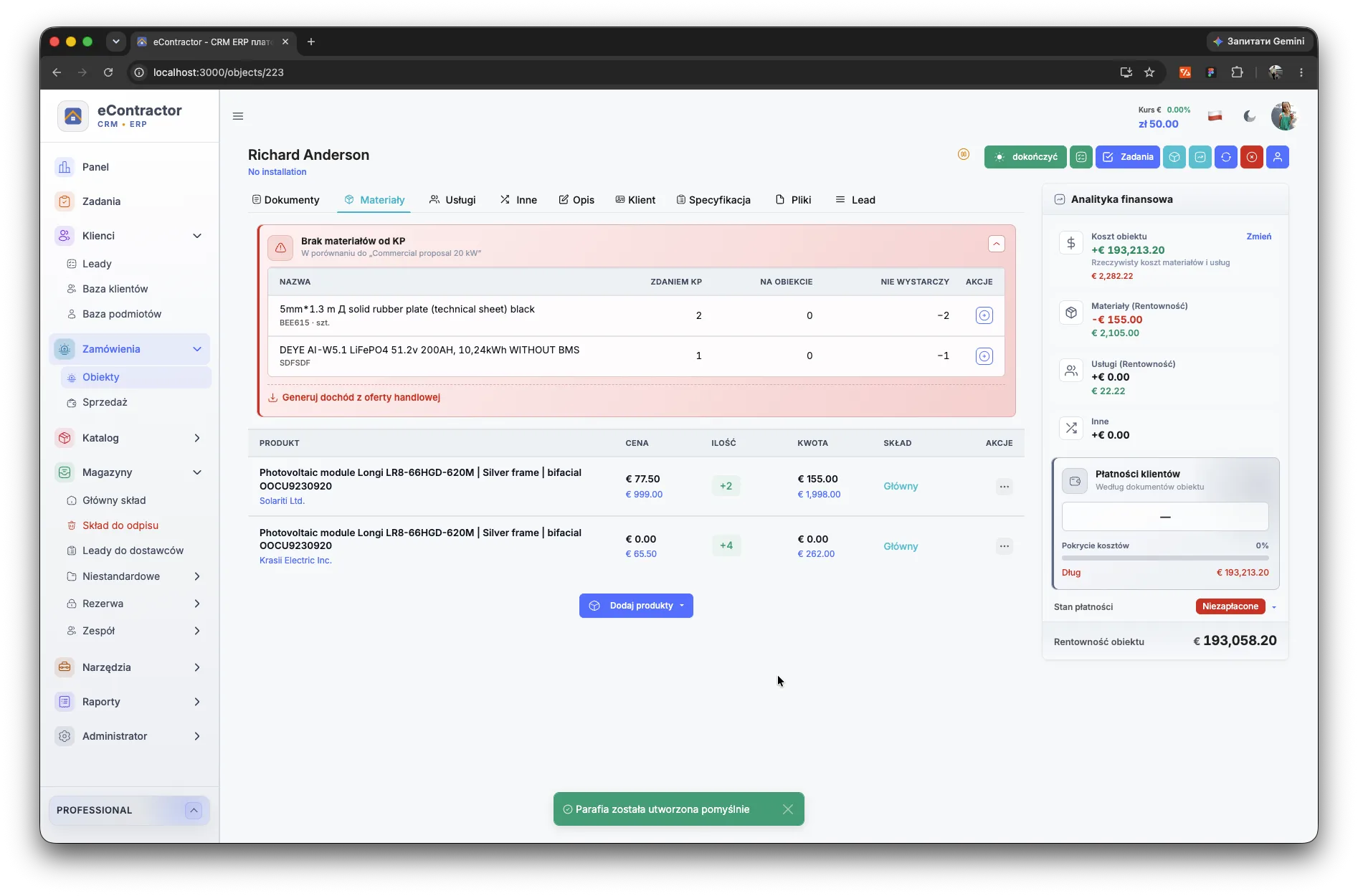 Magazyn obiektu i rezerwa produktów w eContractor