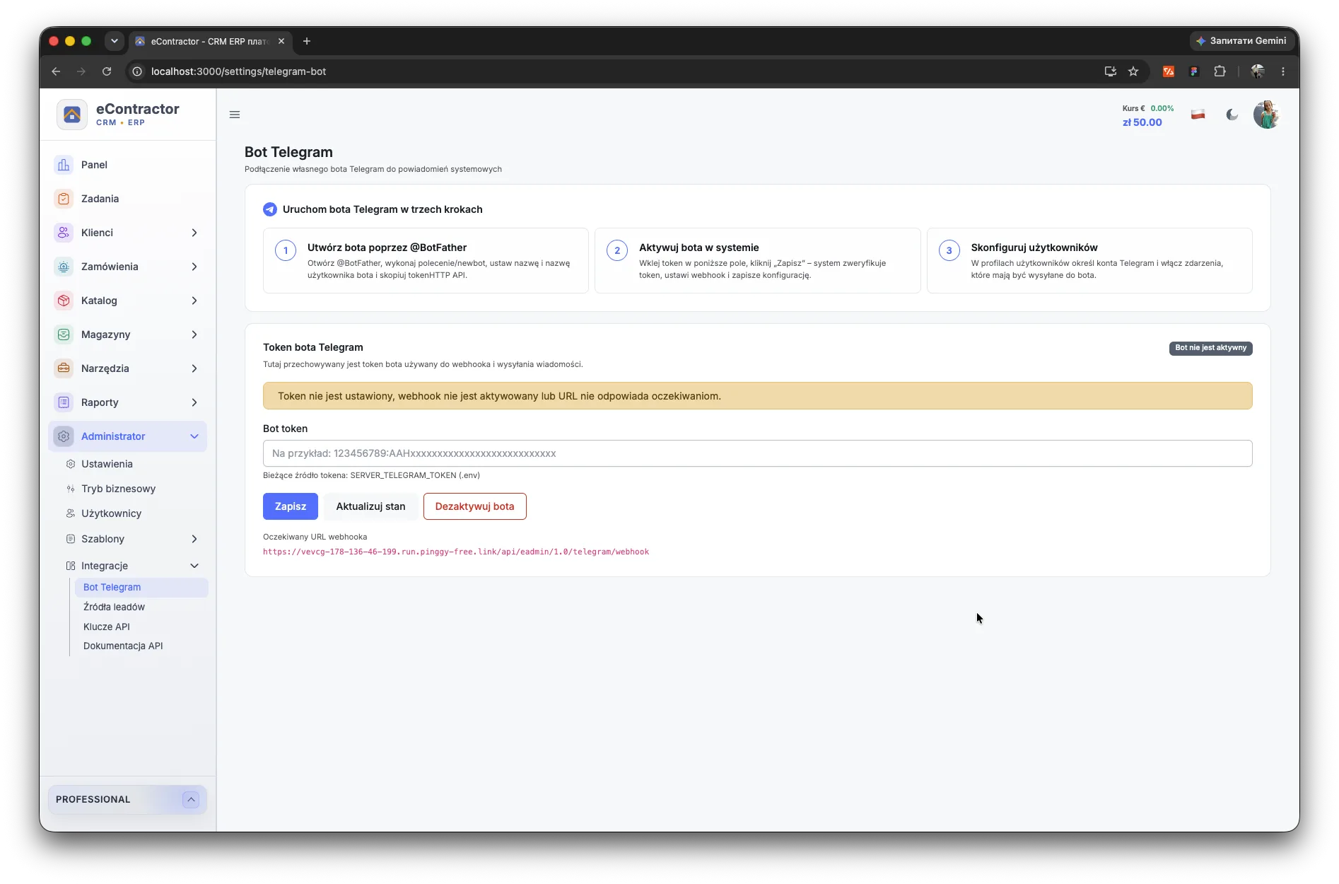 Bot Telegram eContractor z powiadomieniami CRM